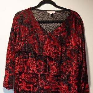 DB Established 1962‎ Layered Velvet Blouse Bright Red/Black- Size 1X.
